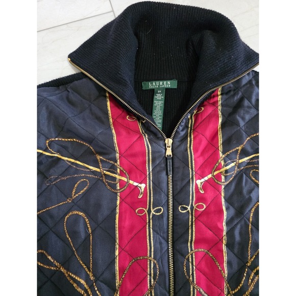 Lauren Ralph Lauren Quilted Equestrian Jacket Sweater 3X Zip Black Red Gold - Picture 6 of 11